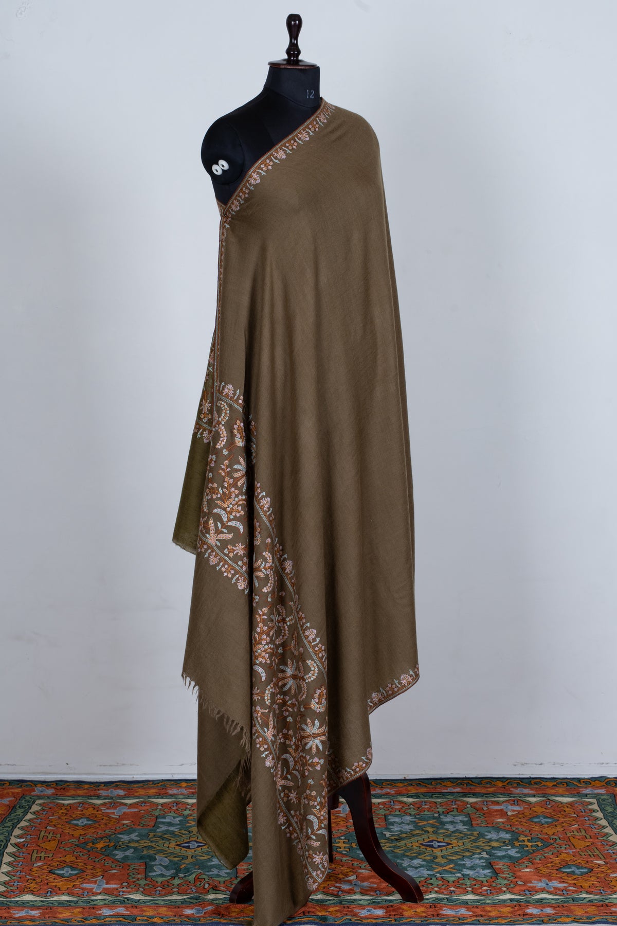 2.5 Yards Pure Pashmina Shawl with Sozni Hand Embroidered Floral Borders