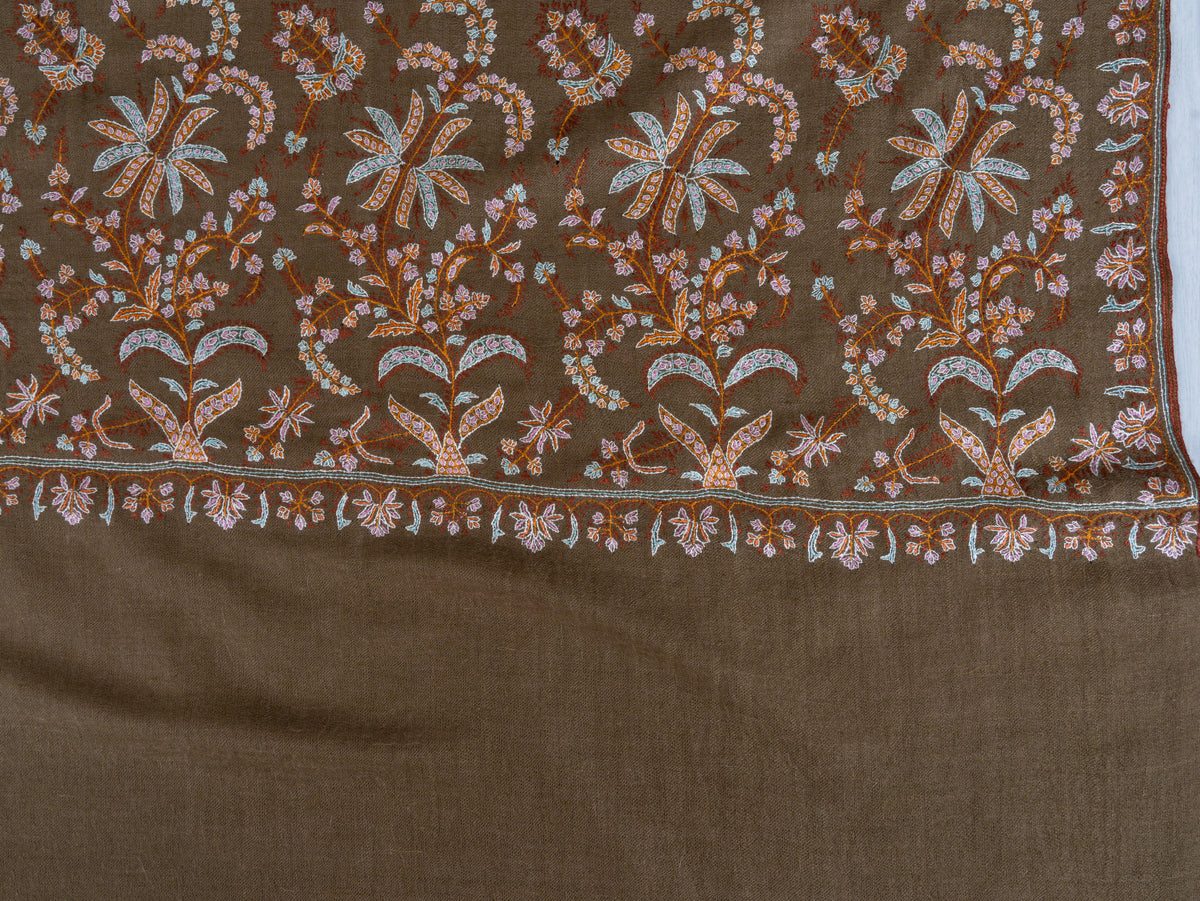 2.5 Yards Pure Pashmina Shawl with Sozni Hand Embroidered Floral Borders
