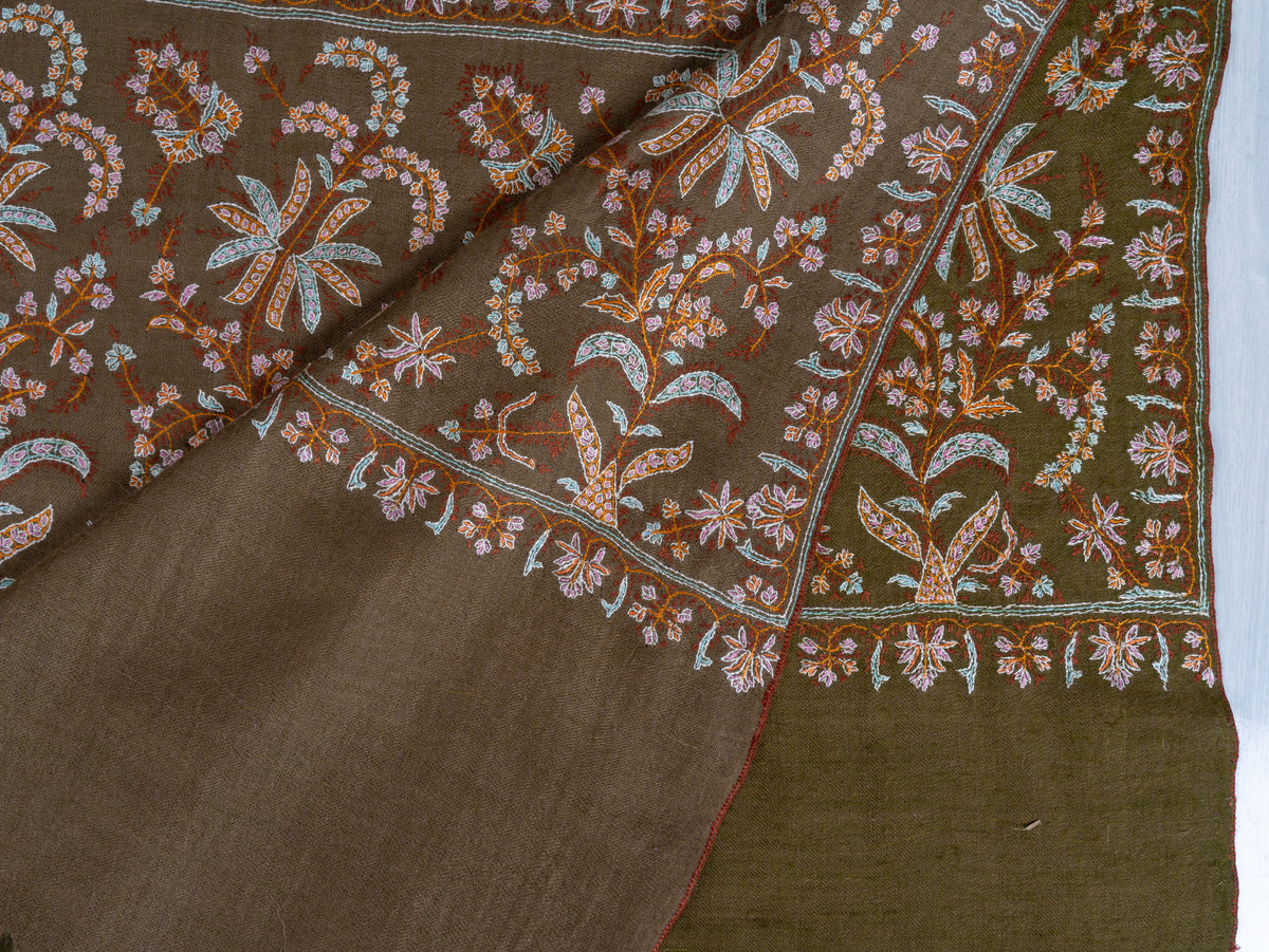 2.5 Yards Pure Pashmina Shawl with Sozni Hand Embroidered Floral Borders