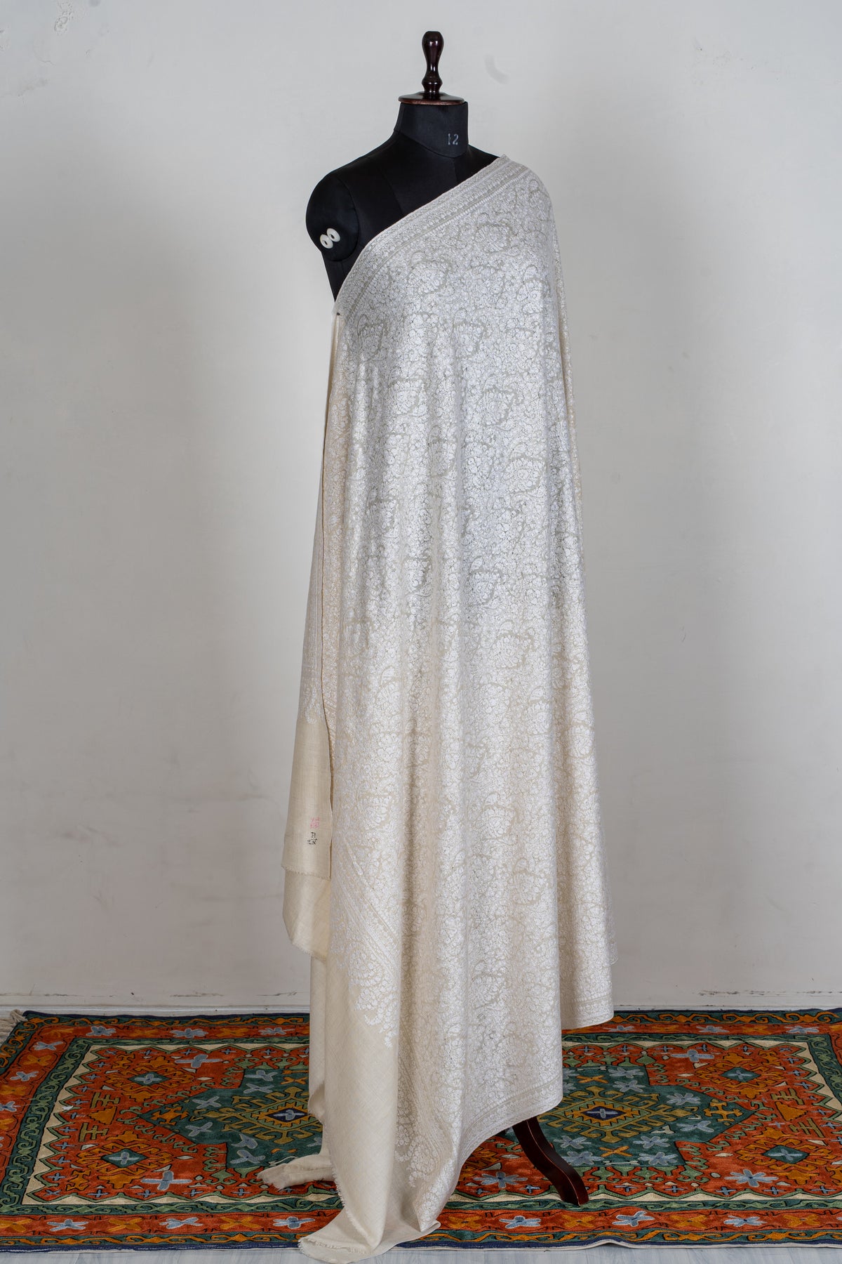 3 yards Pure Pashmina Shawl with Sozni Hand Embroidered Tonal Floral Elegance