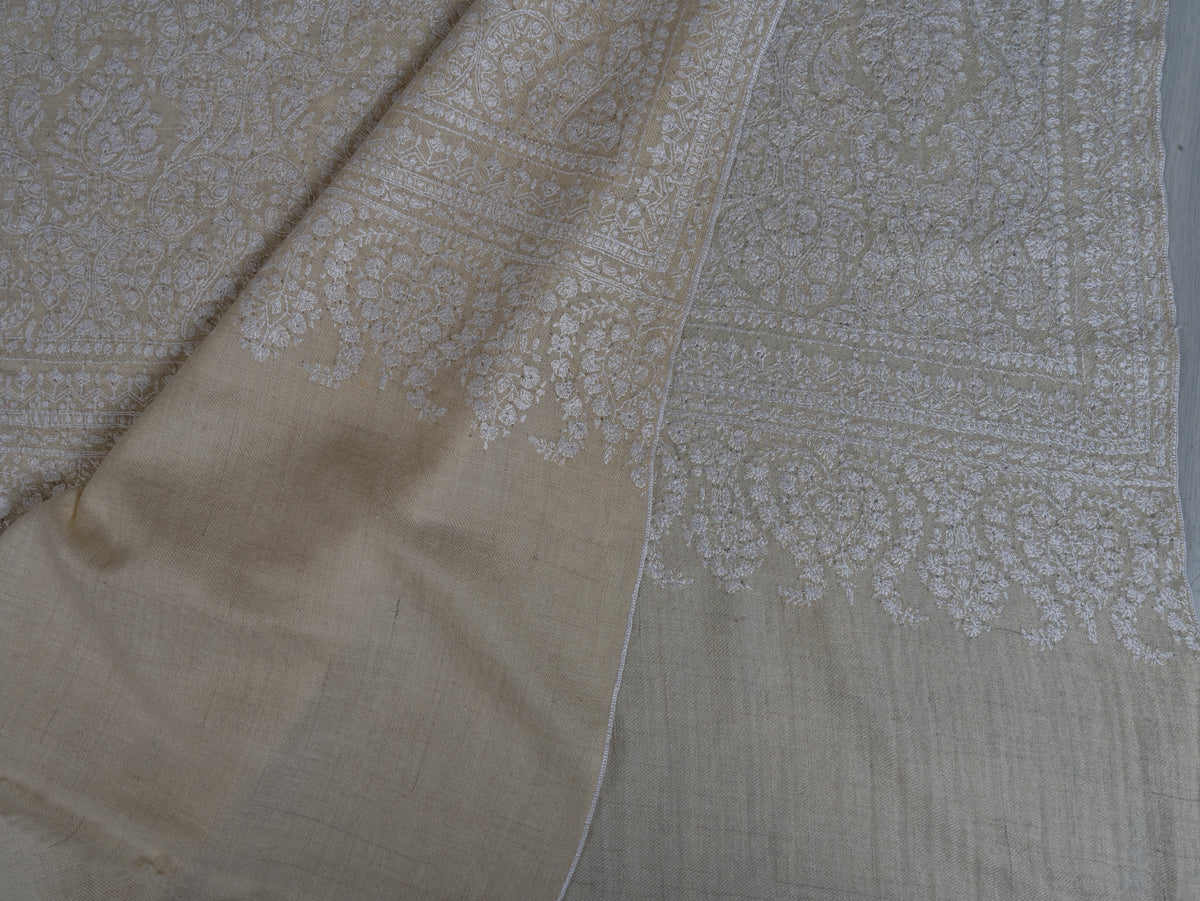 3 yards Pure Pashmina Shawl with Sozni Hand Embroidered Tonal Floral Elegance