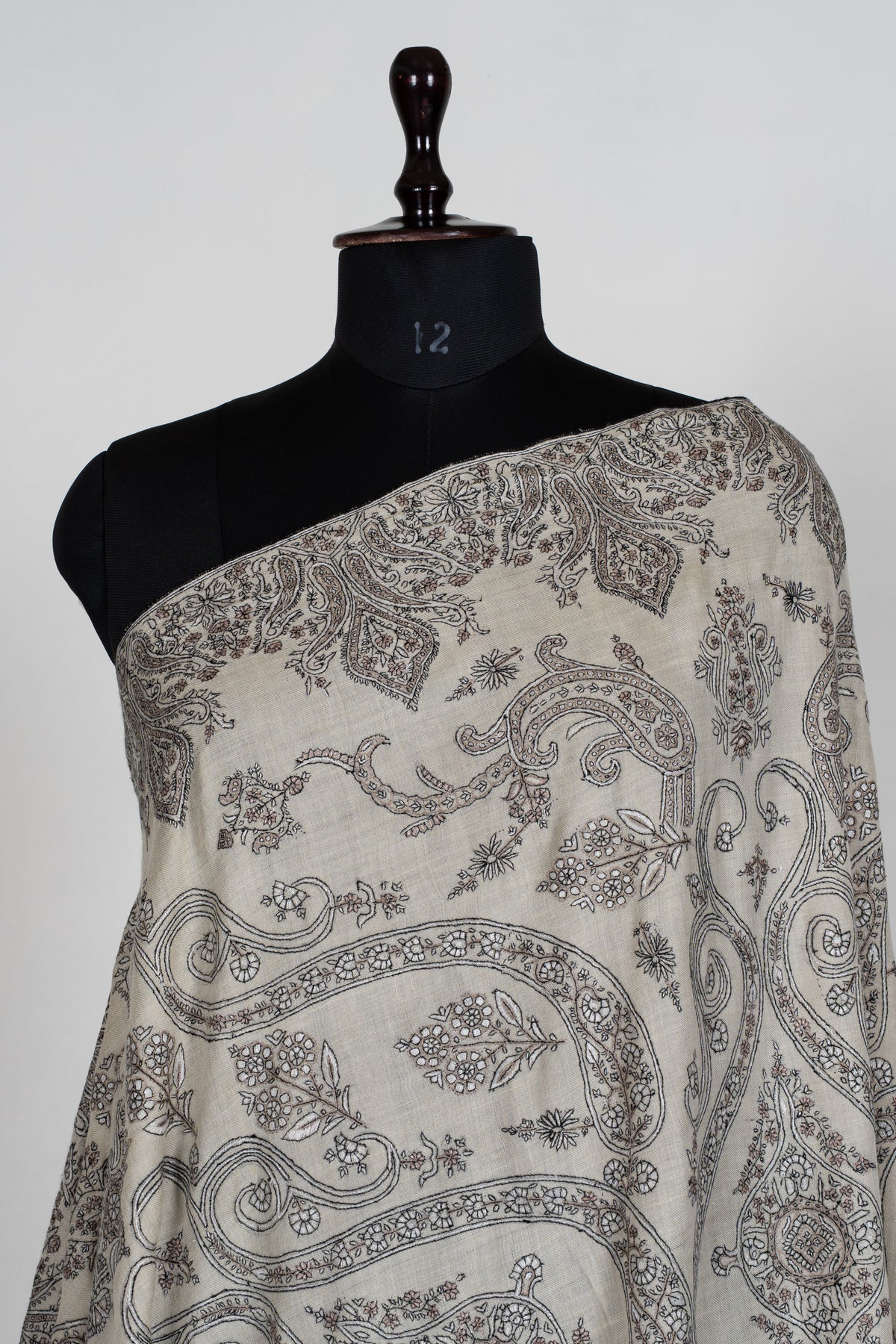 3 Yards Pure Pashmina Shawl with Sozni Hand Embroidered Ornamental Paisley Vines
