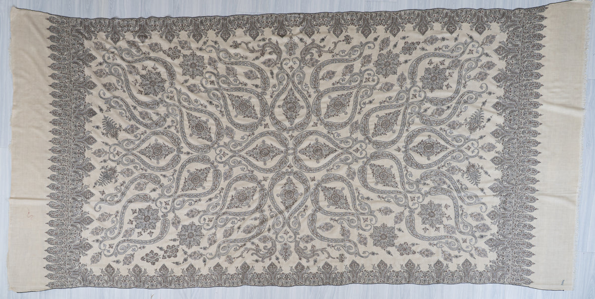 3 Yards Pure Pashmina Shawl with Sozni Hand Embroidered Ornamental Paisley Vines