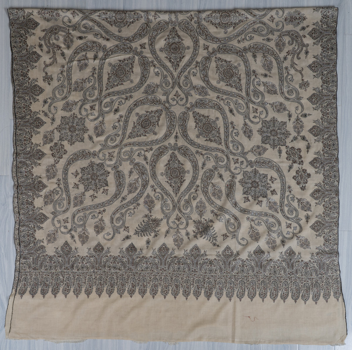 3 Yards Pure Pashmina Shawl with Sozni Hand Embroidered Ornamental Paisley Vines