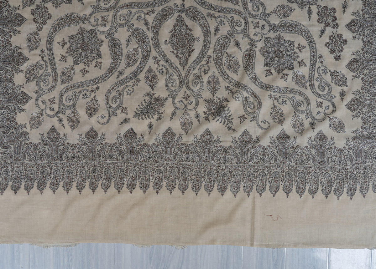 3 Yards Pure Pashmina Shawl with Sozni Hand Embroidered Ornamental Paisley Vines