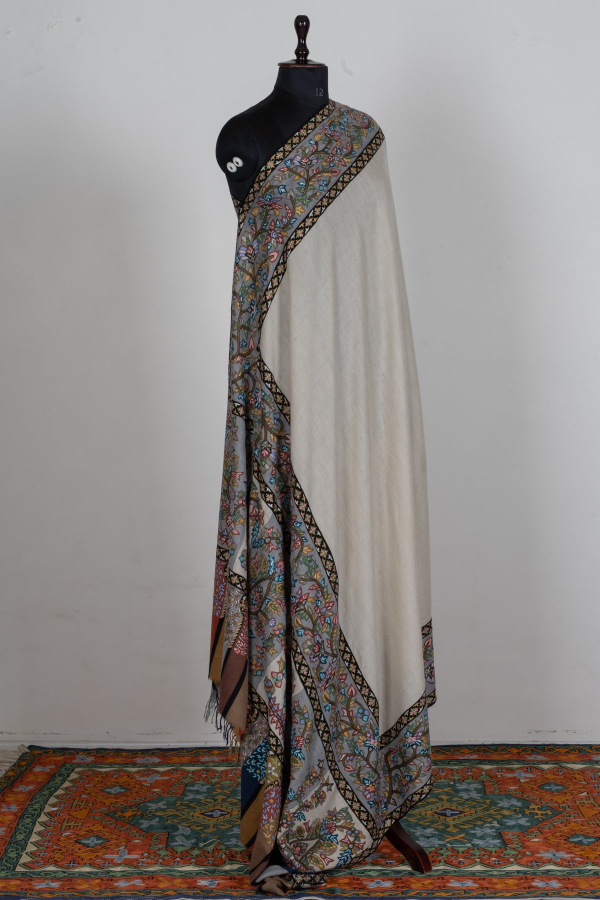 3 yards Pure Pashmina Shawl with Aari Hand Embroidered Multicoloured Floral Borders