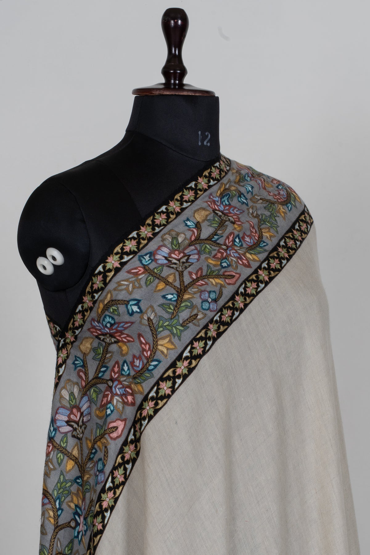 3 yards Pure Pashmina Shawl with Aari Hand Embroidered Multicoloured Floral Borders
