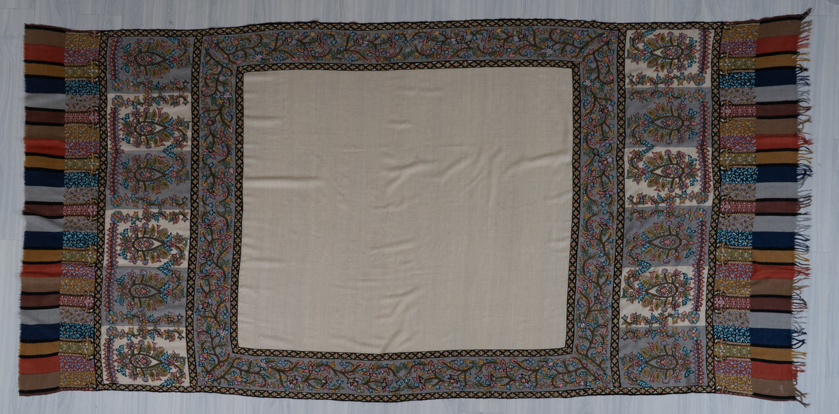 3 yards Pure Pashmina Shawl with Aari Hand Embroidered Multicoloured Floral Borders
