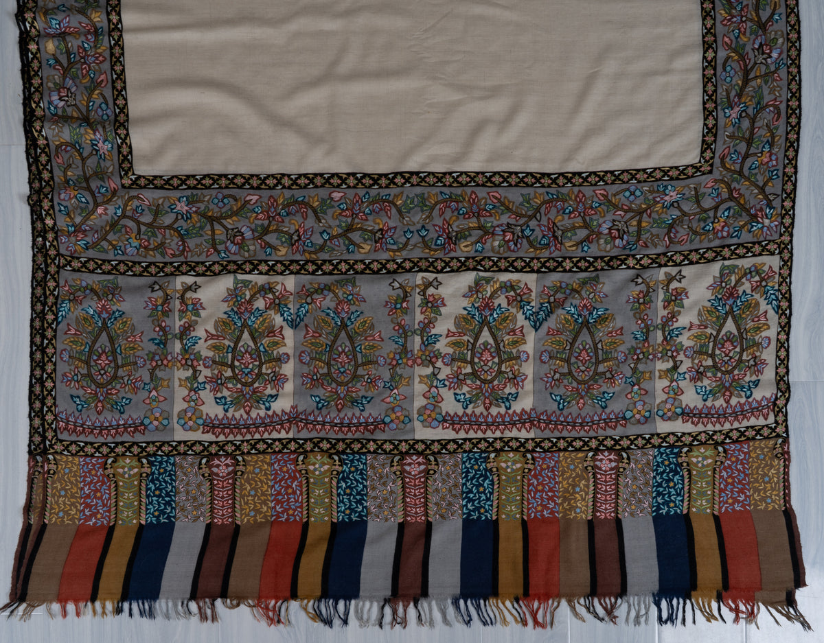 3 yards Pure Pashmina Shawl with Aari Hand Embroidered Multicoloured Floral Borders