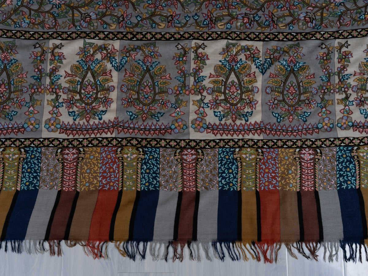 3 yards Pure Pashmina Shawl with Aari Hand Embroidered Multicoloured Floral Borders