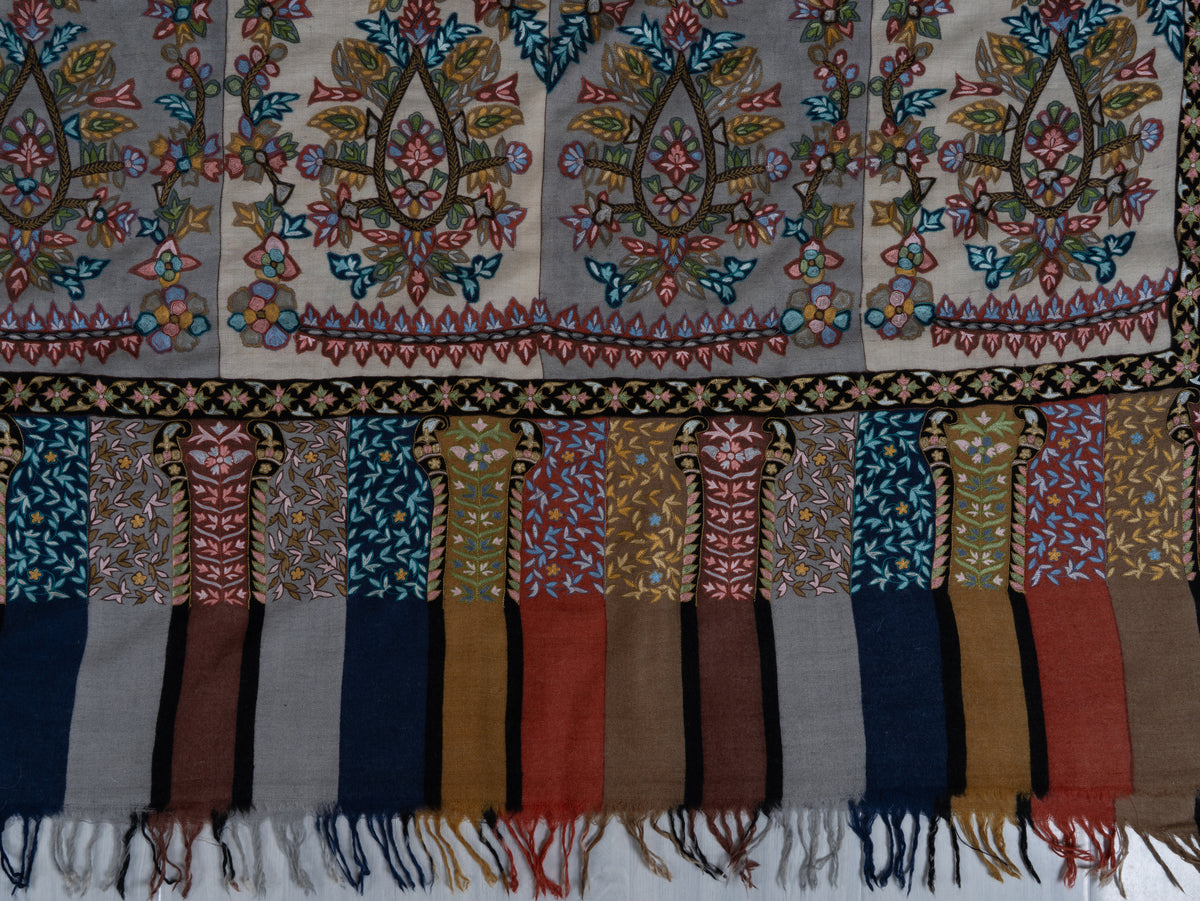 3 yards Pure Pashmina Shawl with Aari Hand Embroidered Multicoloured Floral Borders