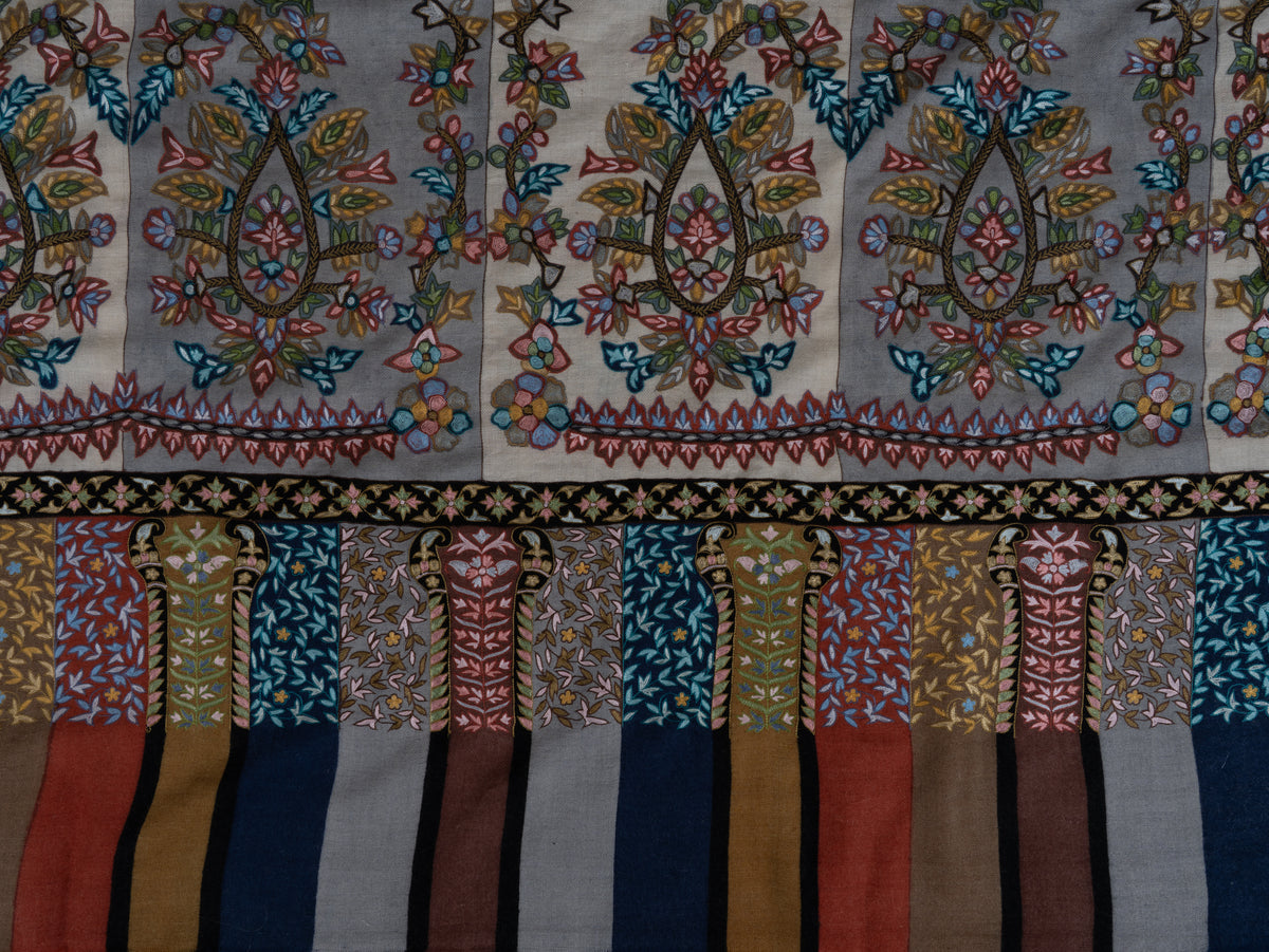 3 yards Pure Pashmina Shawl with Aari Hand Embroidered Multicoloured Floral Borders