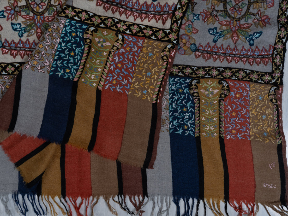 3 yards Pure Pashmina Shawl with Aari Hand Embroidered Multicoloured Floral Borders
