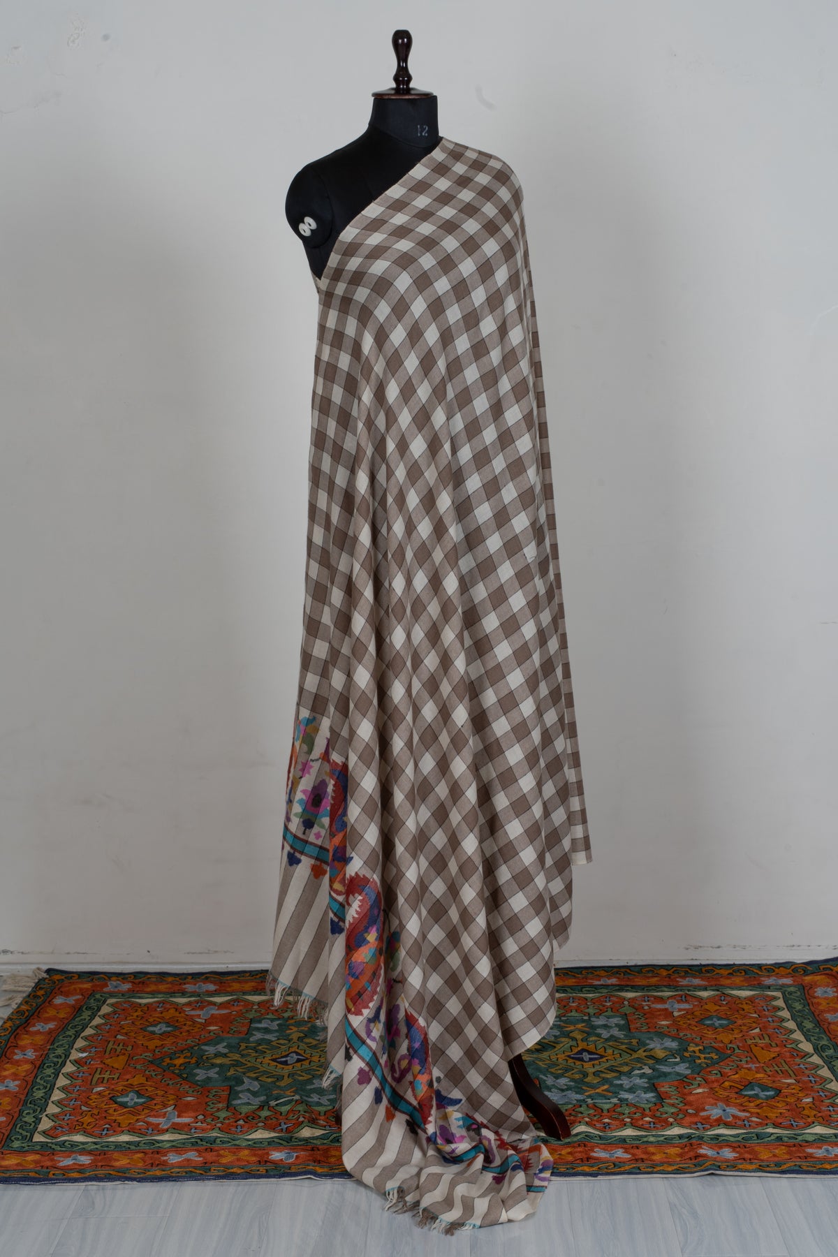 3 yards Mocha Checkered Kani Pure Pashmina Shawl with Colourful Floral Accents