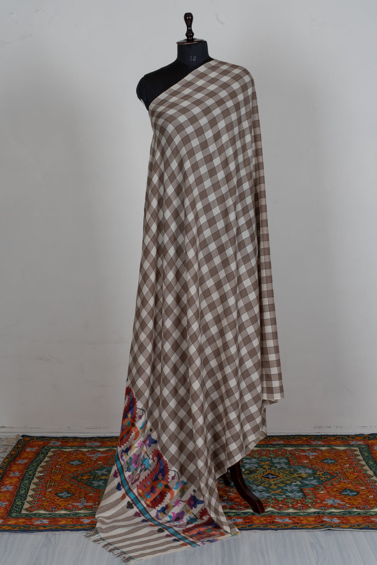 3 yards Mocha Checkered Kani Pure Pashmina Shawl with Colourful Floral Accents