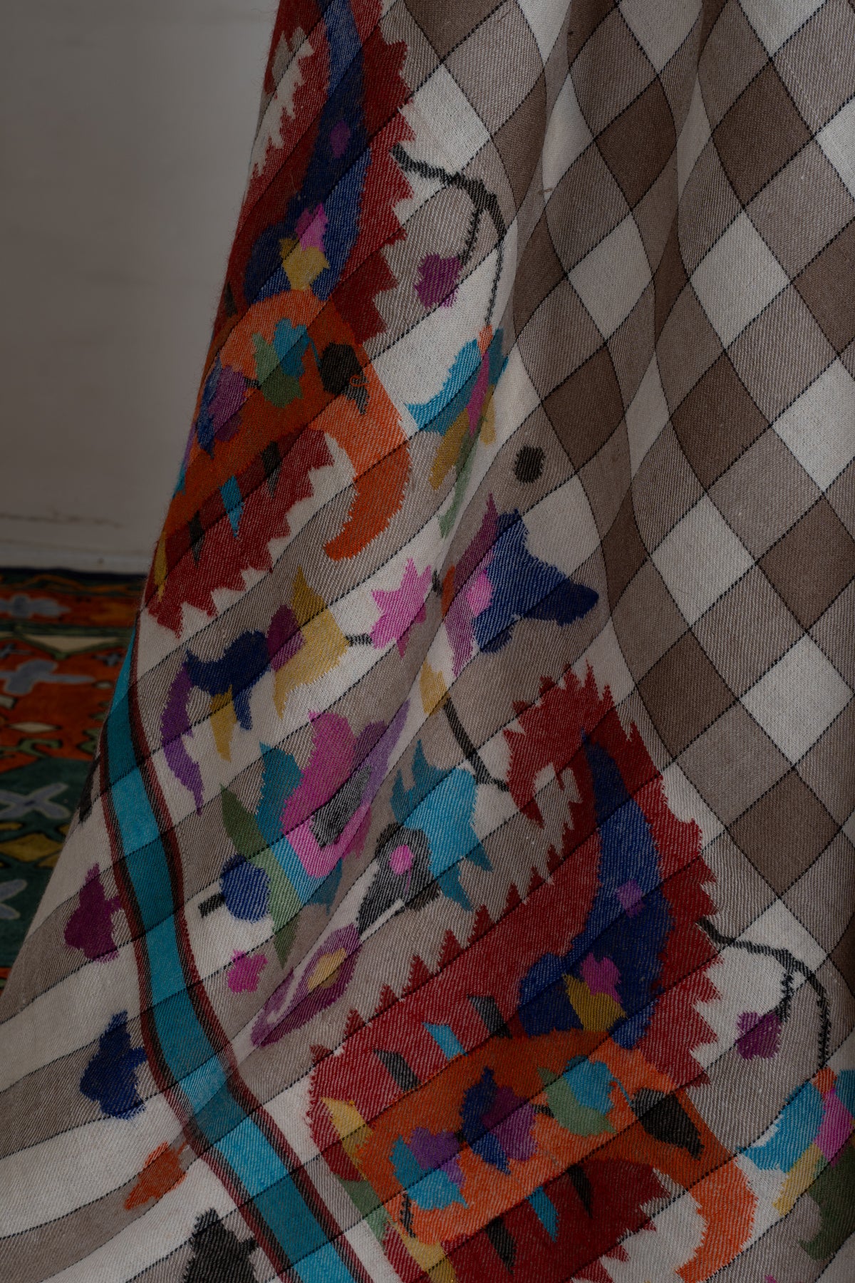 3 yards Mocha Checkered Kani Pure Pashmina Shawl with Colourful Floral Accents