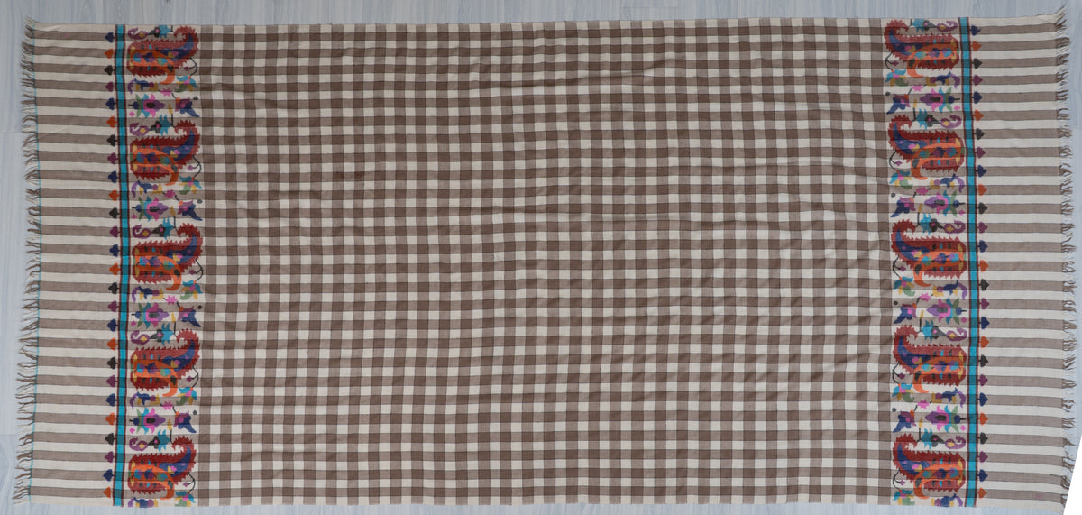 3 yards Mocha Checkered Kani Pure Pashmina Shawl with Colourful Floral Accents