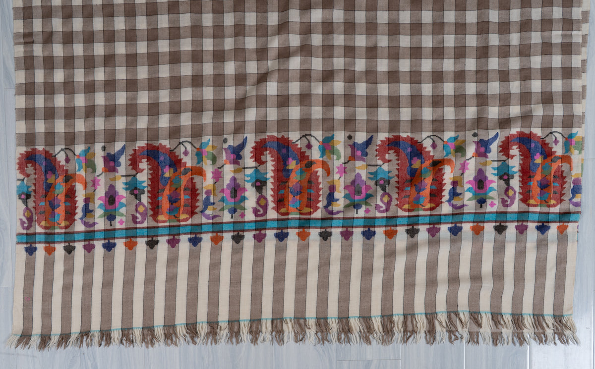 3 yards Mocha Checkered Kani Pure Pashmina Shawl with Colourful Floral Accents
