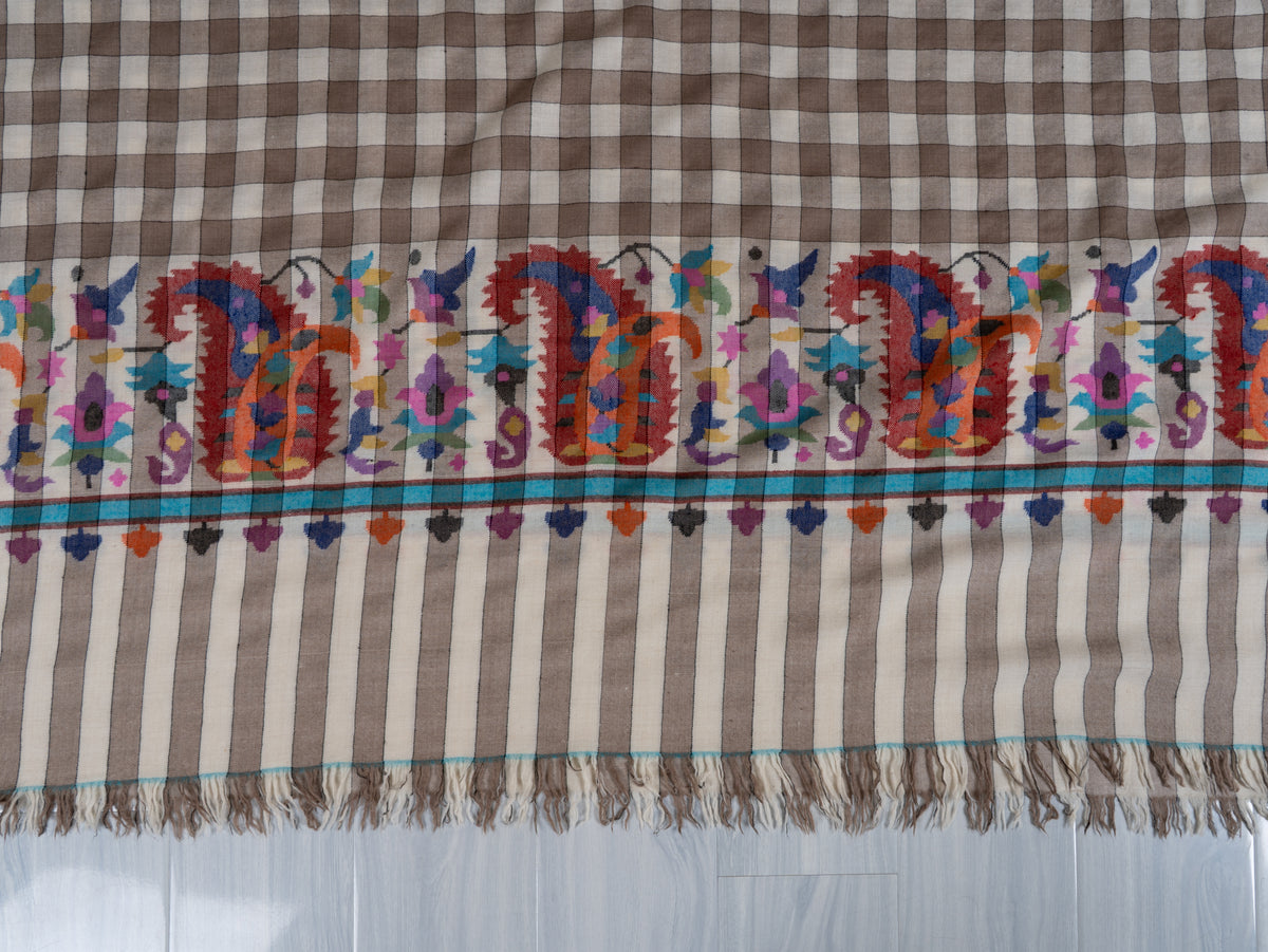 3 yards Mocha Checkered Kani Pure Pashmina Shawl with Colourful Floral Accents
