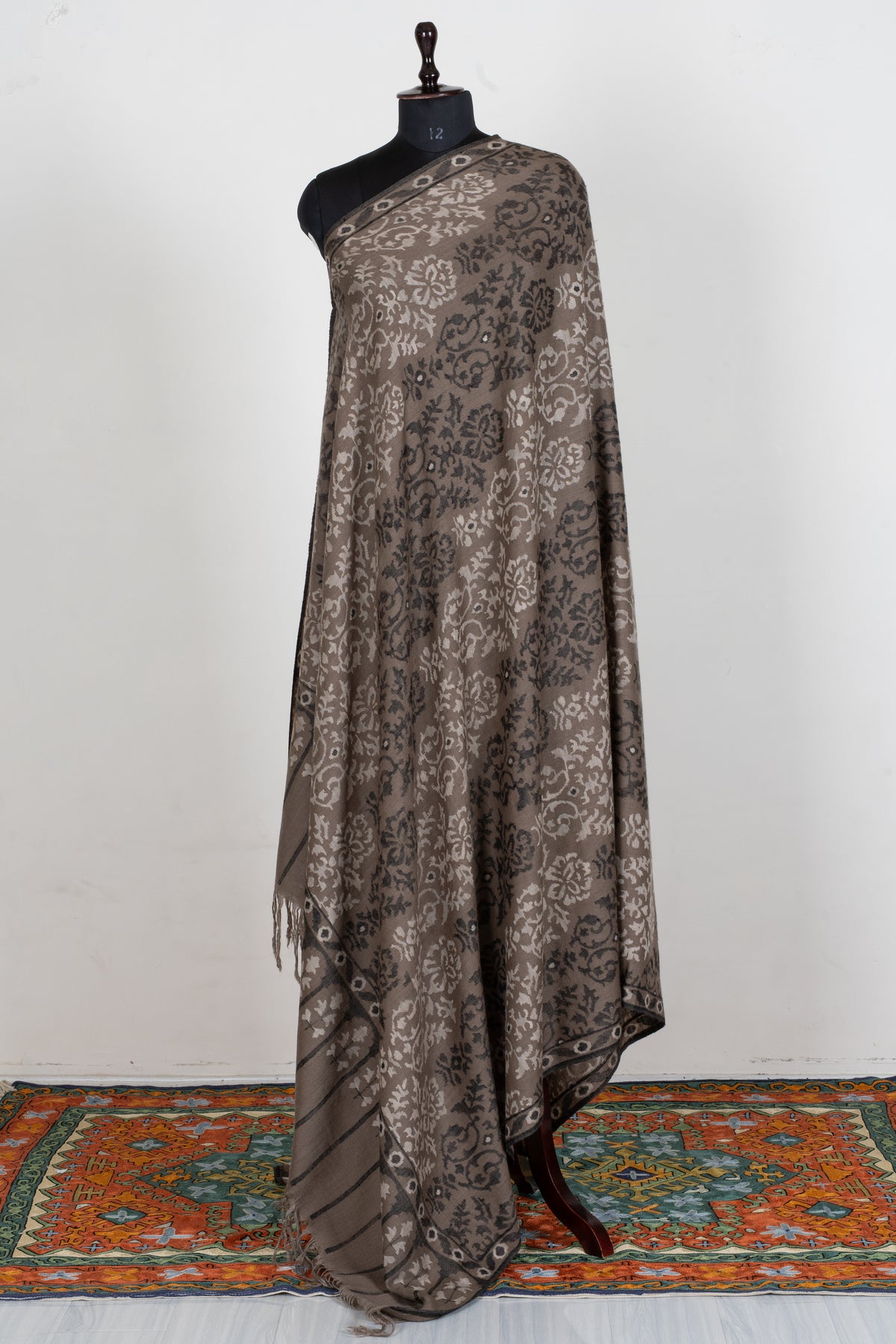 3 yards Pure Pashmina Kani Shawl with Charcoal and Ivory Florals