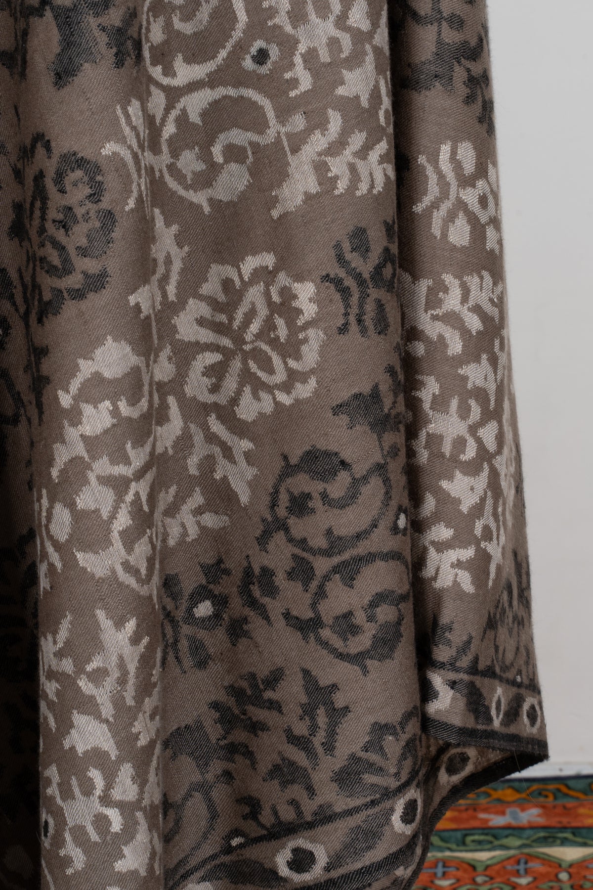 3 yards Pure Pashmina Kani Shawl with Charcoal and Ivory Florals