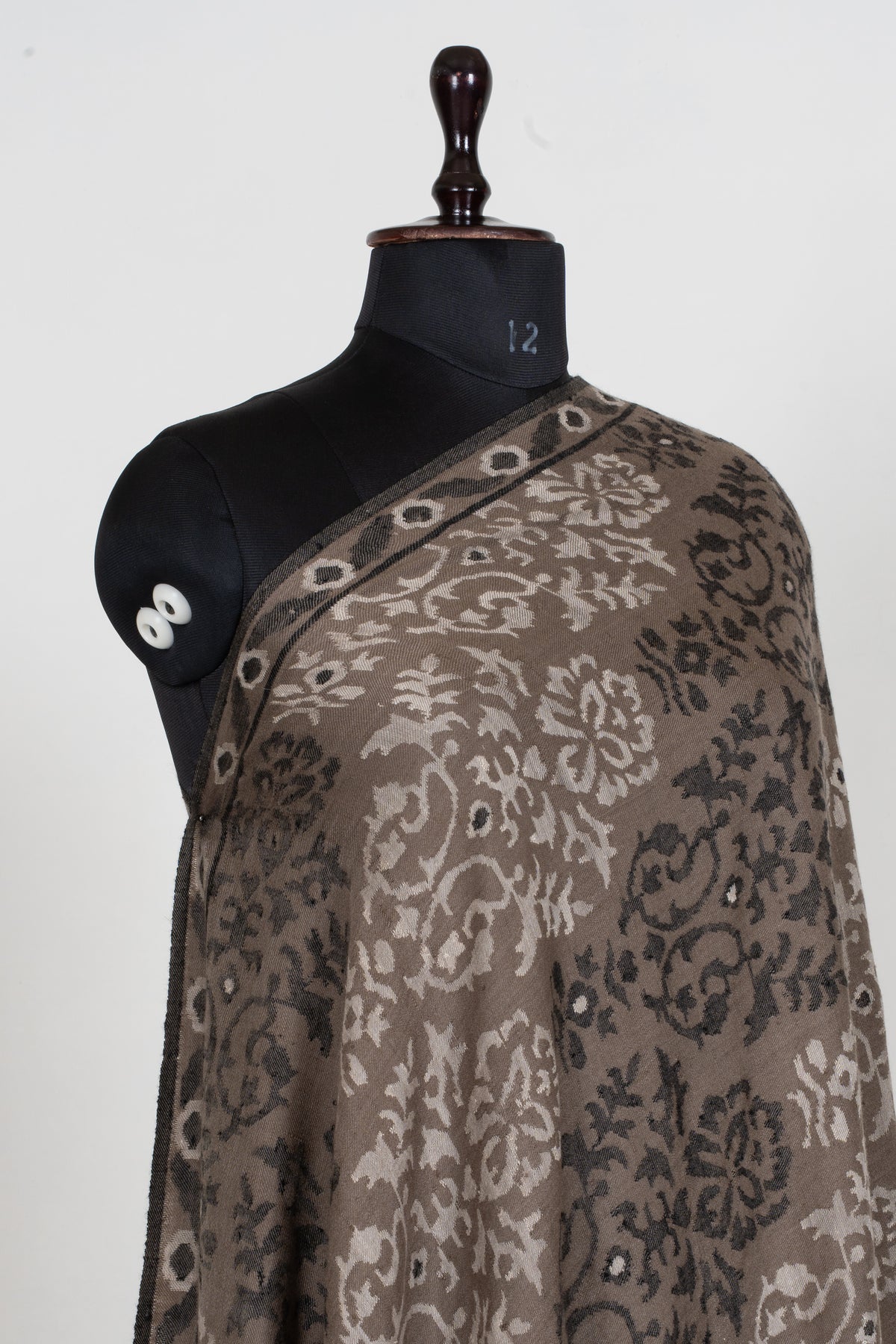 3 yards Pure Pashmina Kani Shawl with Charcoal and Ivory Florals