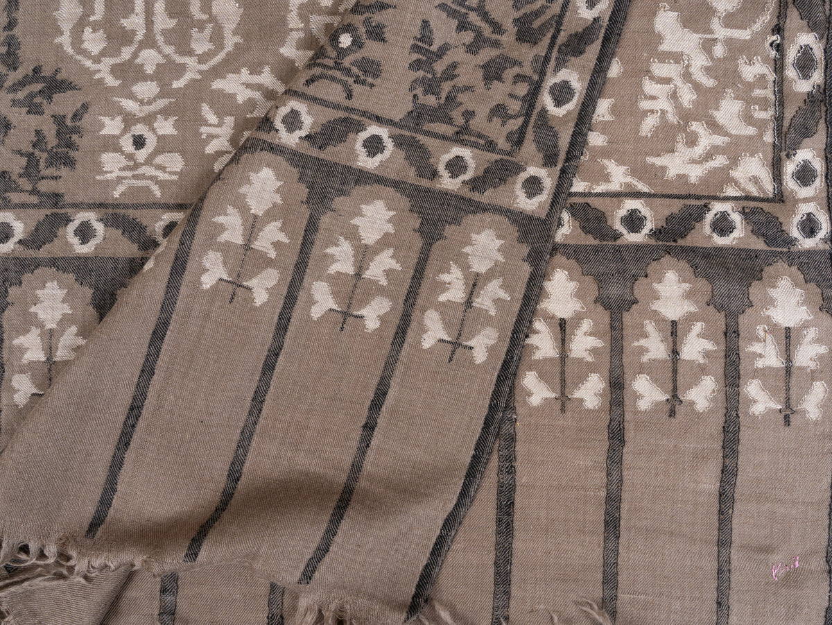 3 yards Pure Pashmina Kani Shawl with Charcoal and Ivory Florals