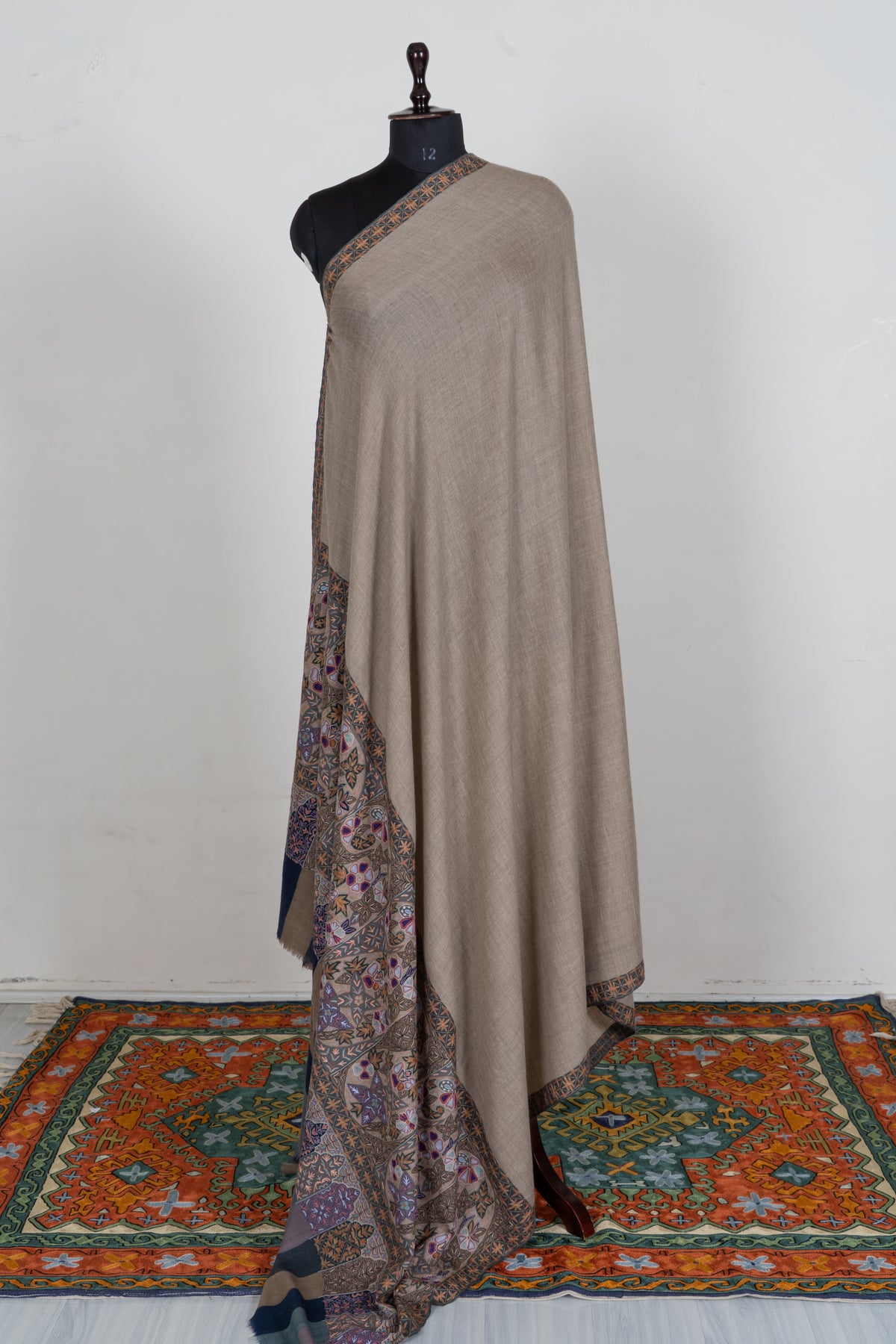 3 yards  Pure Pashmina Shawl with Aari Hand Embroidered Geometric Floral Borders