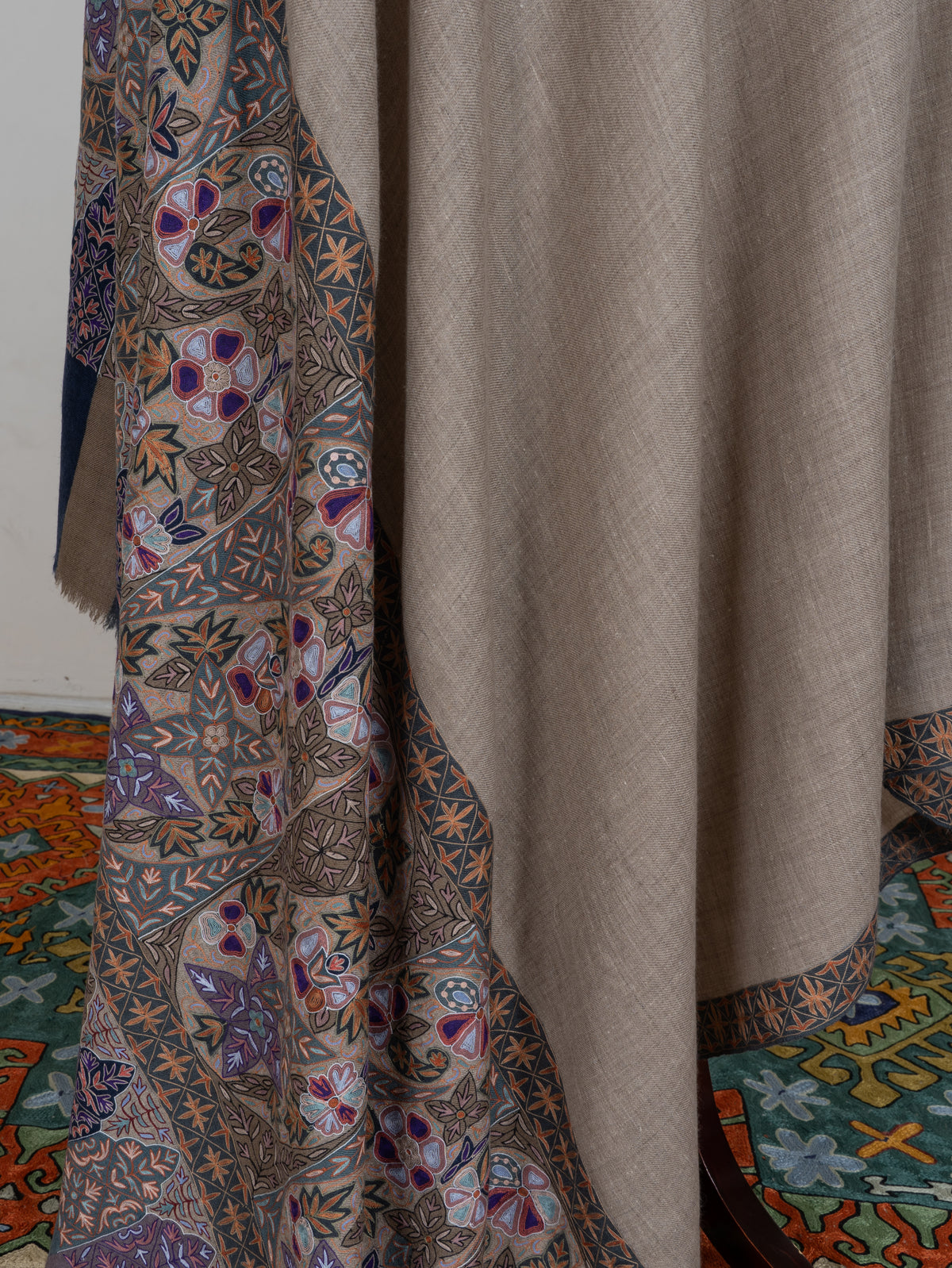 3 yards  Pure Pashmina Shawl with Aari Hand Embroidered Geometric Floral Borders