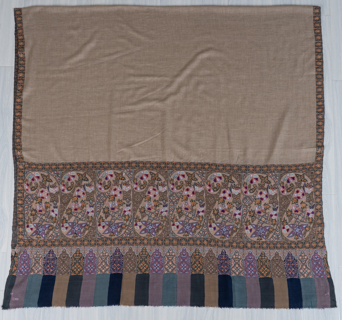 3 yards  Pure Pashmina Shawl with Aari Hand Embroidered Geometric Floral Borders