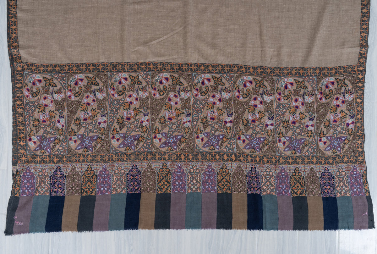 3 yards  Pure Pashmina Shawl with Aari Hand Embroidered Geometric Floral Borders