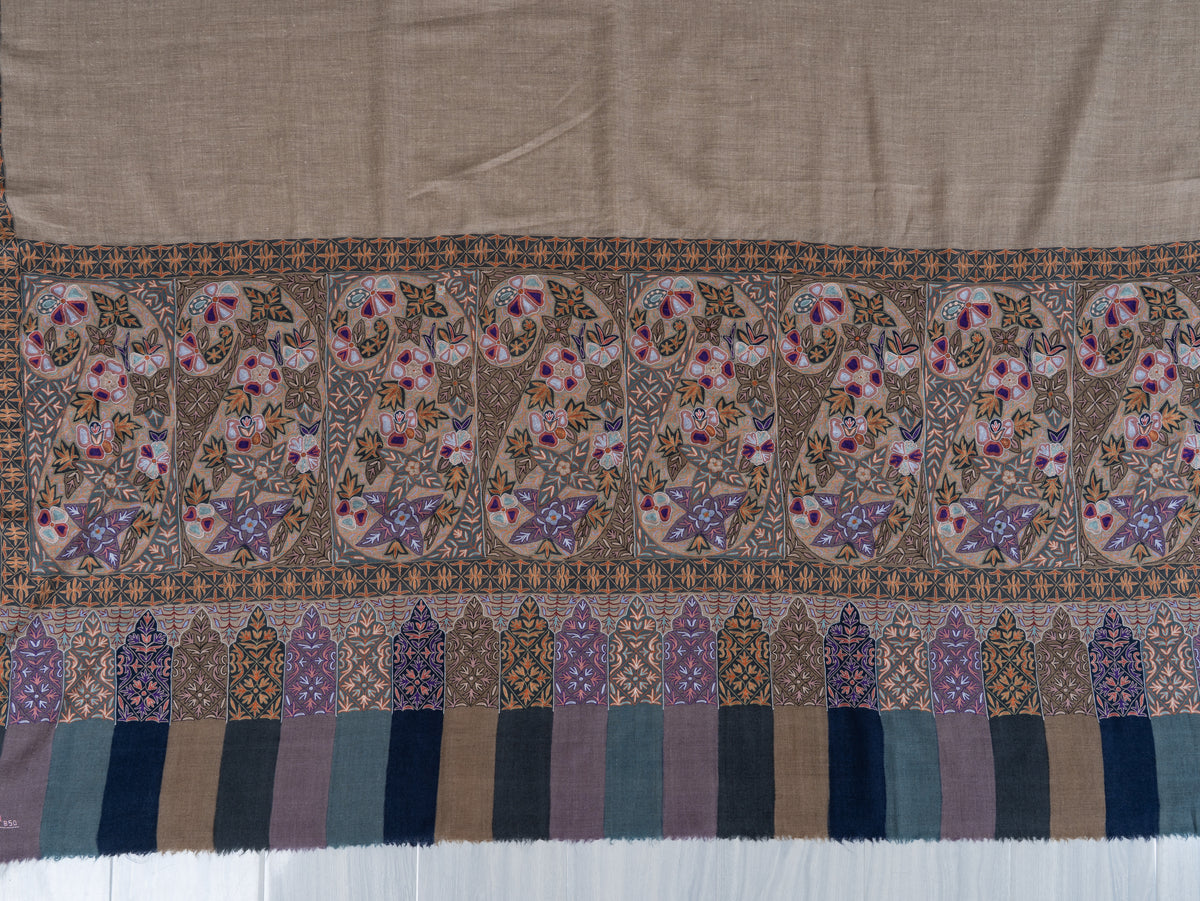 3 yards  Pure Pashmina Shawl with Aari Hand Embroidered Geometric Floral Borders