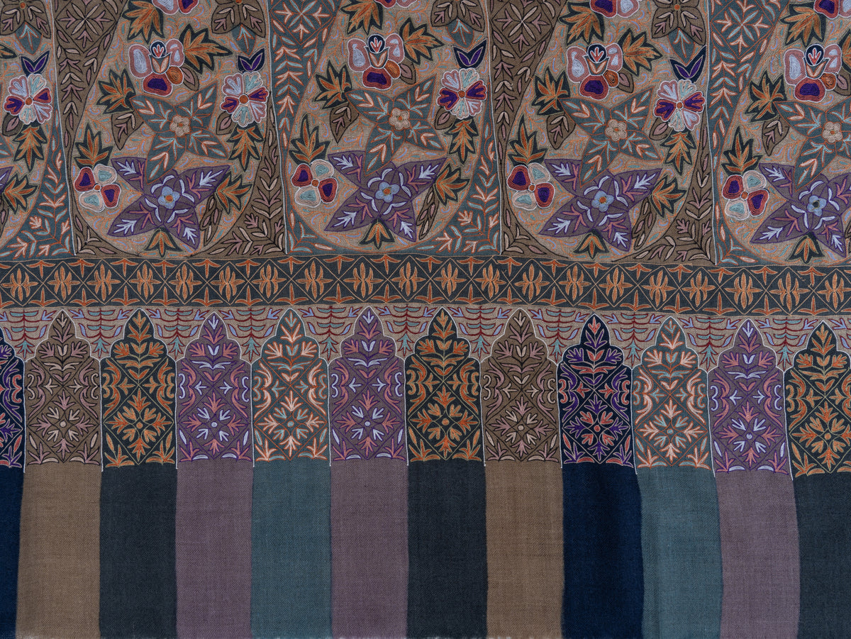 3 yards  Pure Pashmina Shawl with Aari Hand Embroidered Geometric Floral Borders