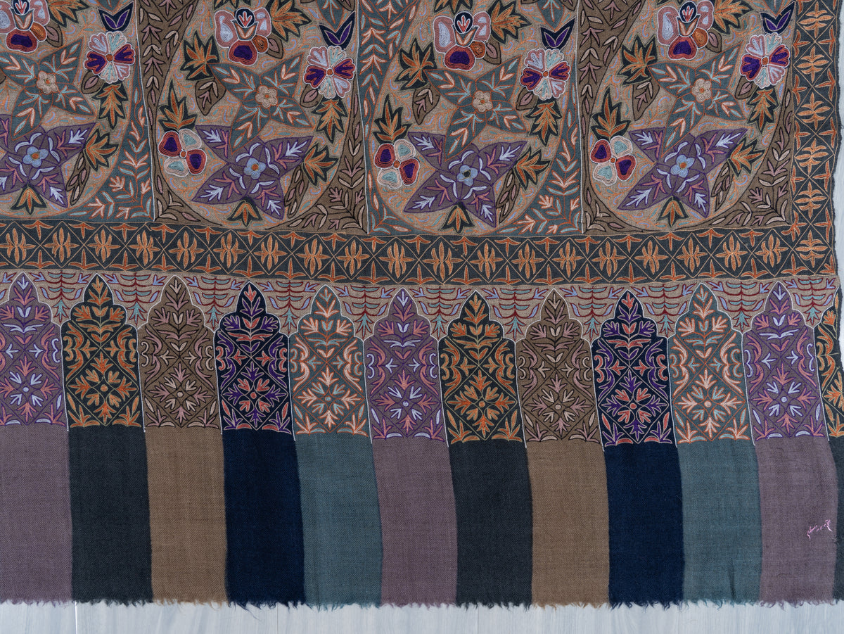 3 yards  Pure Pashmina Shawl with Aari Hand Embroidered Geometric Floral Borders