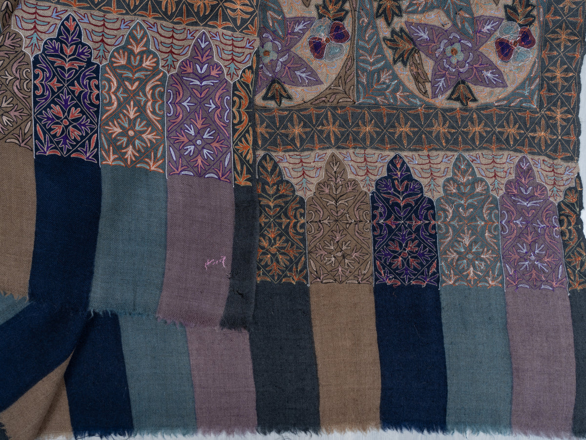3 yards  Pure Pashmina Shawl with Aari Hand Embroidered Geometric Floral Borders