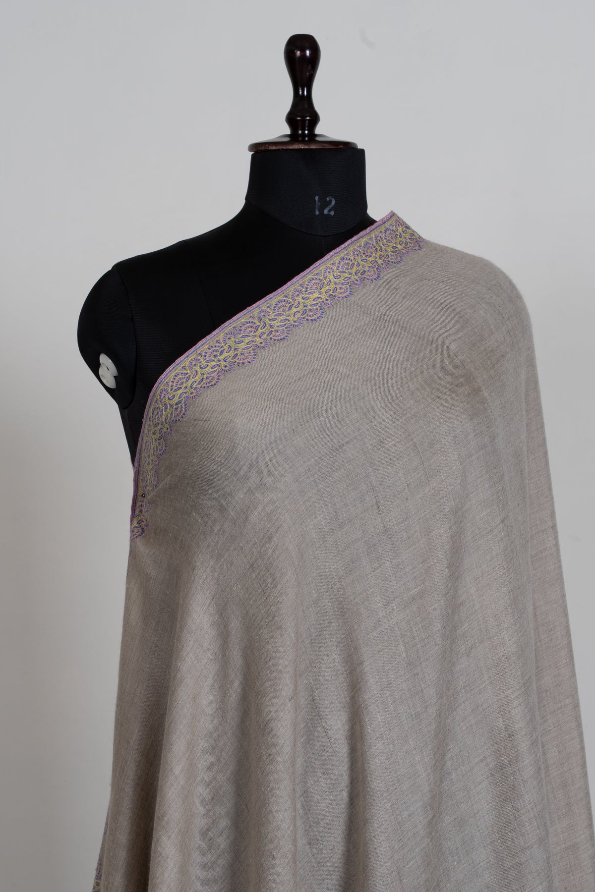 2.5 yards Pure Pashmina Shawl with Sozni Hand Embroidered Delicate Lace Borders