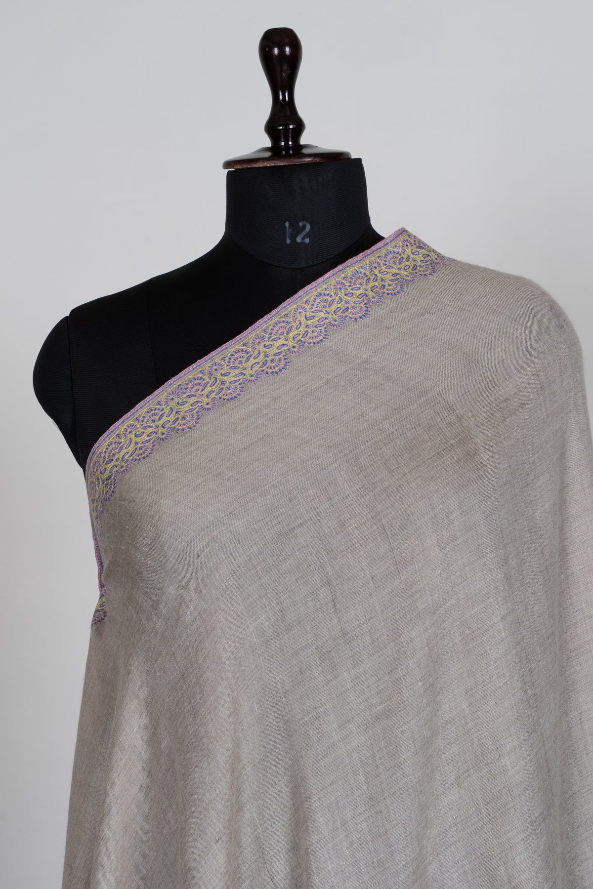 2.5 yards Pure Pashmina Shawl with Sozni Hand Embroidered Delicate Lace Borders