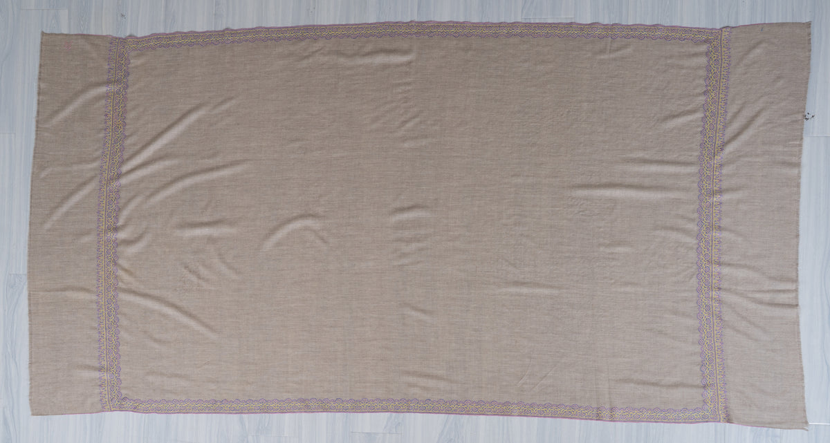 2.5 yards Pure Pashmina Shawl with Sozni Hand Embroidered Delicate Lace Borders