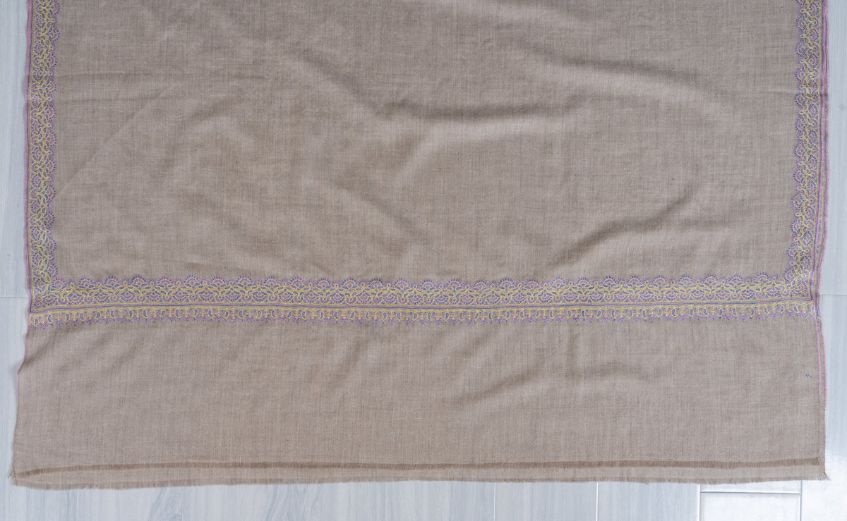2.5 yards Pure Pashmina Shawl with Sozni Hand Embroidered Delicate Lace Borders
