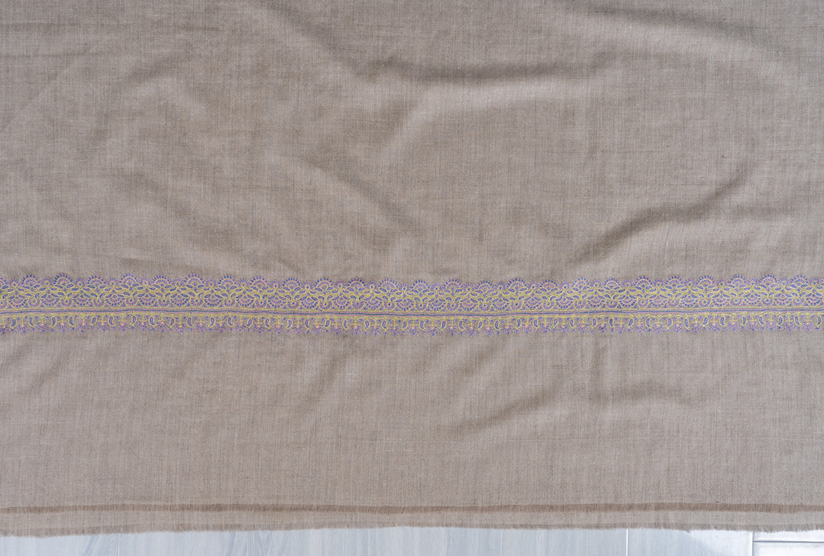2.5 yards Pure Pashmina Shawl with Sozni Hand Embroidered Delicate Lace Borders