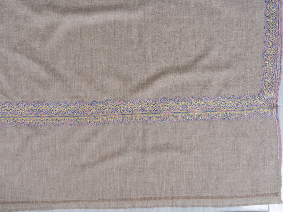 2.5 yards Pure Pashmina Shawl with Sozni Hand Embroidered Delicate Lace Borders