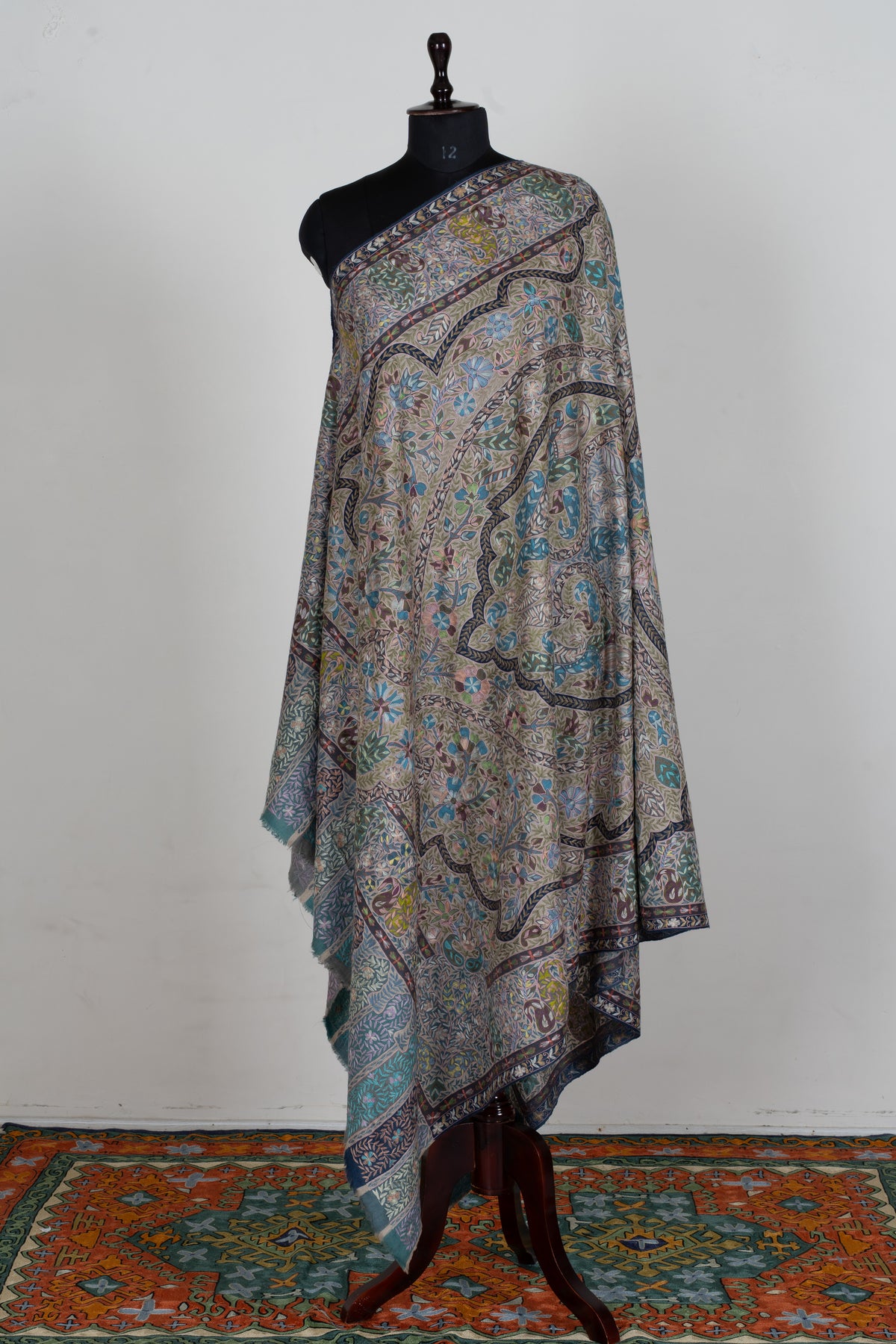 2.5 yards kalamkari Pure Pashmina Shawl with Aari Hand Embroidered Intricate Paisley Tapestry