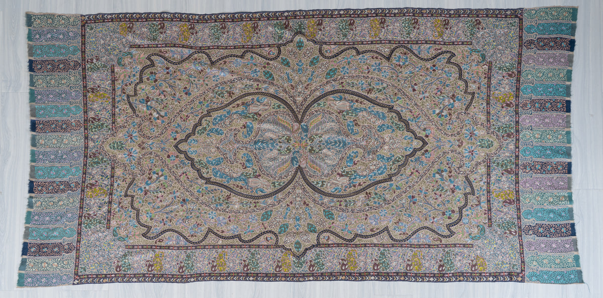 2.5 yards kalamkari Pure Pashmina Shawl with Aari Hand Embroidered Intricate Paisley Tapestry