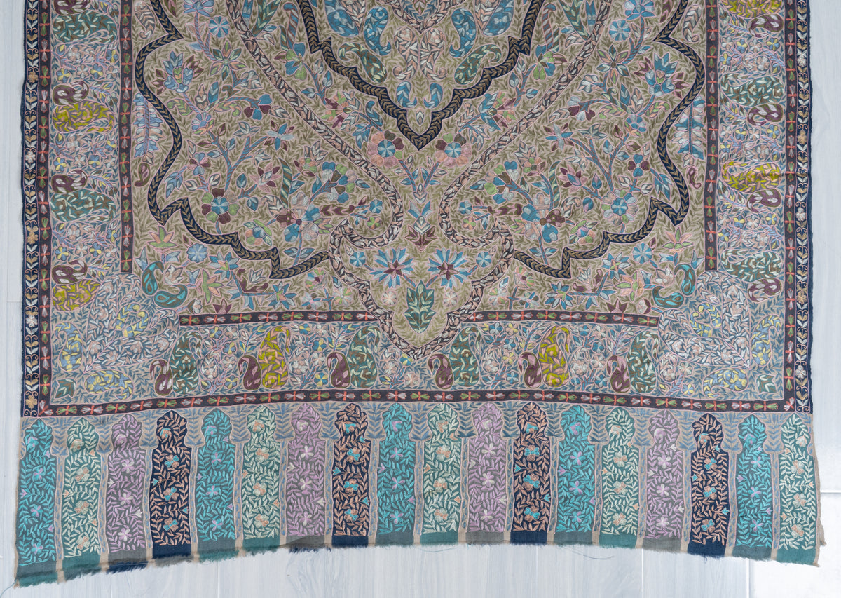 2.5 yards kalamkari Pure Pashmina Shawl with Aari Hand Embroidered Intricate Paisley Tapestry