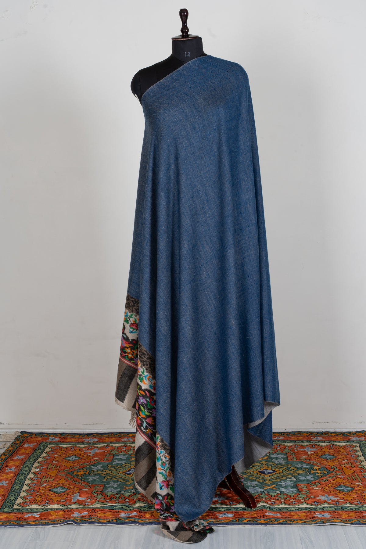 3 yards Reversible Pure Pashmina Shawl with Kani Woven Floral Borders in Denim Blue and Silver Grey