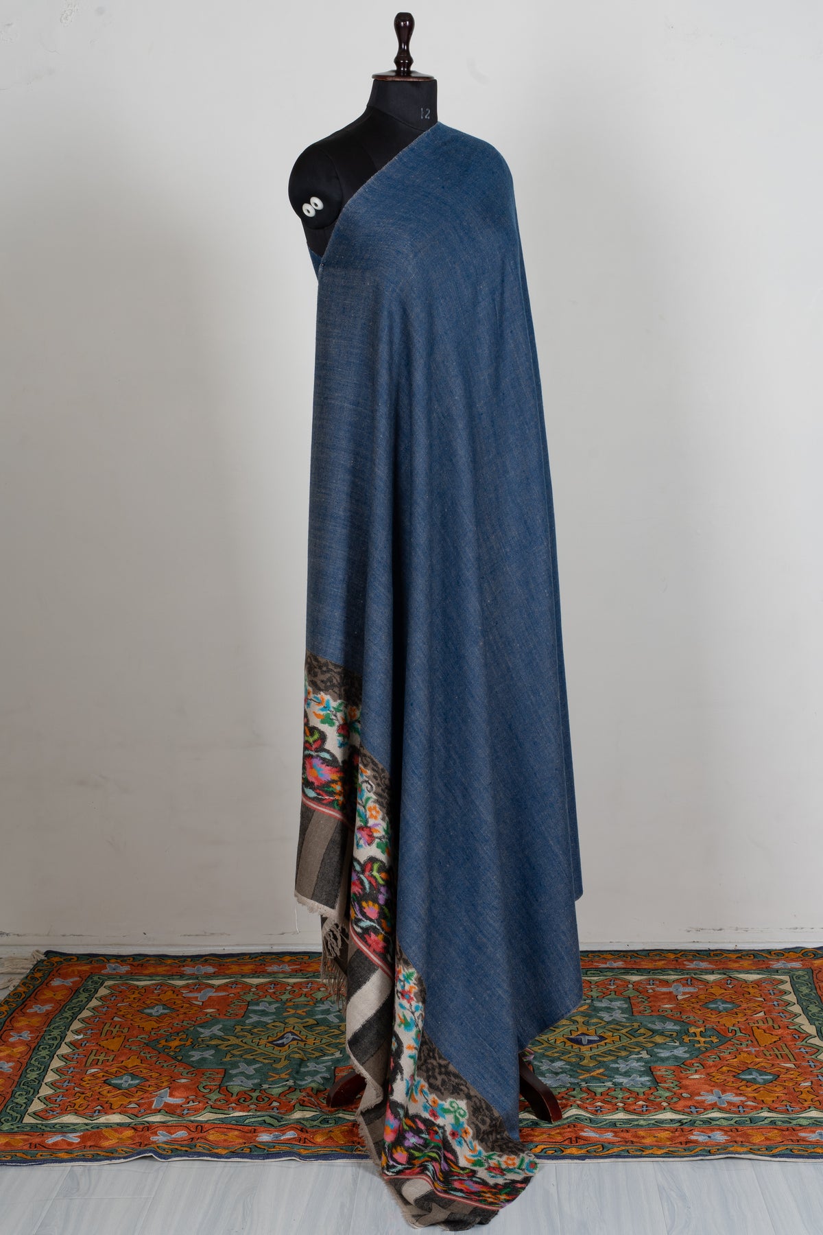 3 yards Reversible Pure Pashmina Shawl with Kani Woven Floral Borders in Denim Blue and Silver Grey