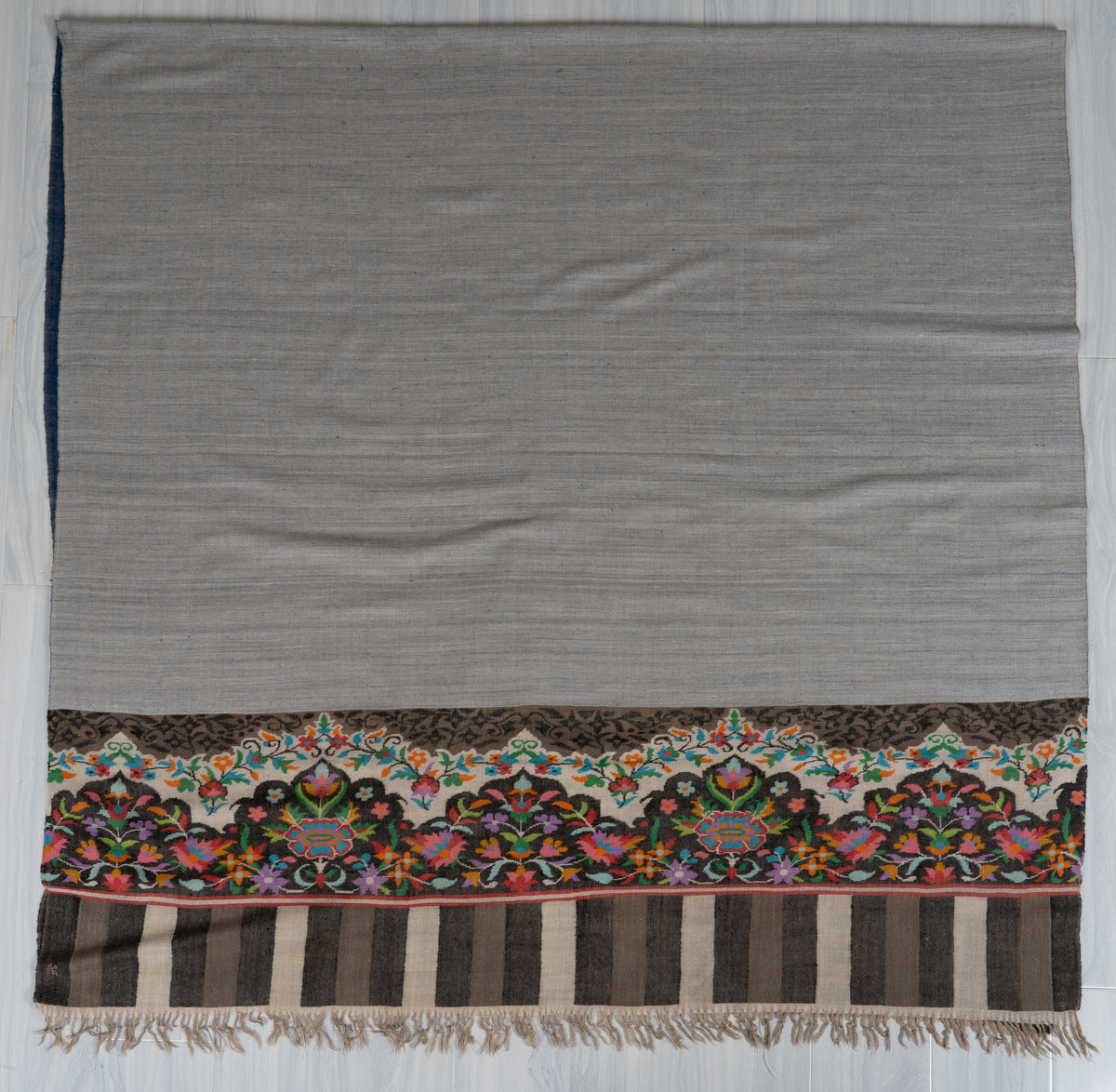 3 yards Reversible Pure Pashmina Shawl with Kani Woven Floral Borders in Denim Blue and Silver Grey