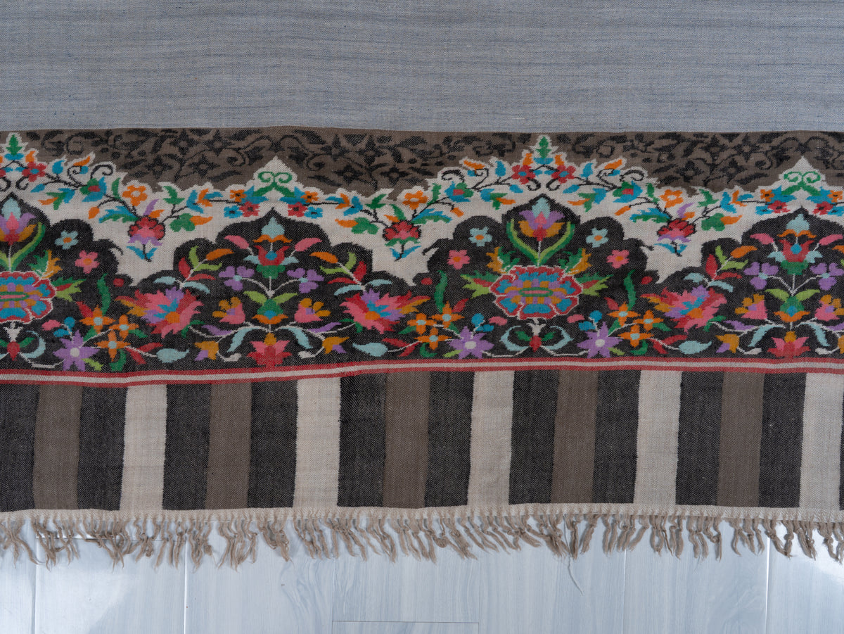 3 yards Reversible Pure Pashmina Shawl with Kani Woven Floral Borders in Denim Blue and Silver Grey