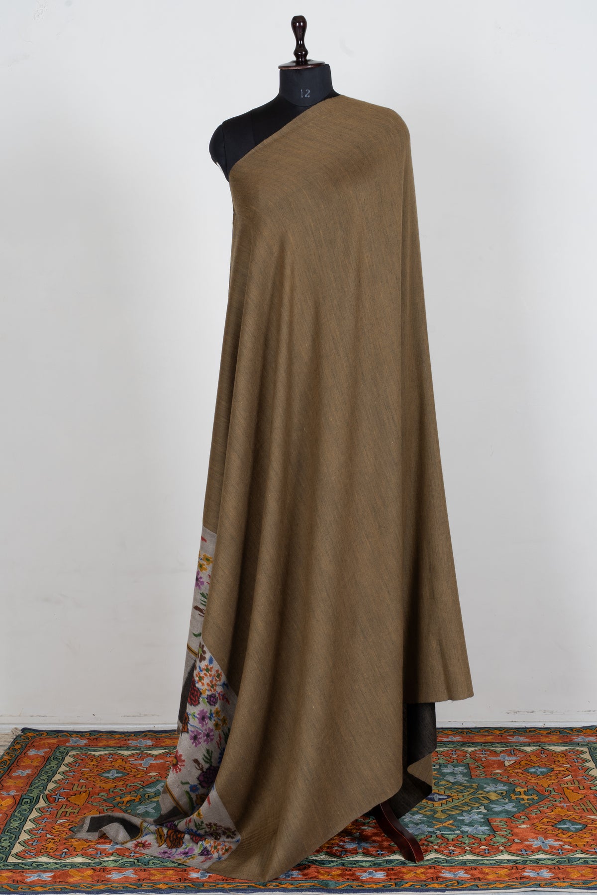 3 yards Reversible Pure Pashmina Shawl with Kani Woven Floral Borders in Camel Brown and Charcoal Grey