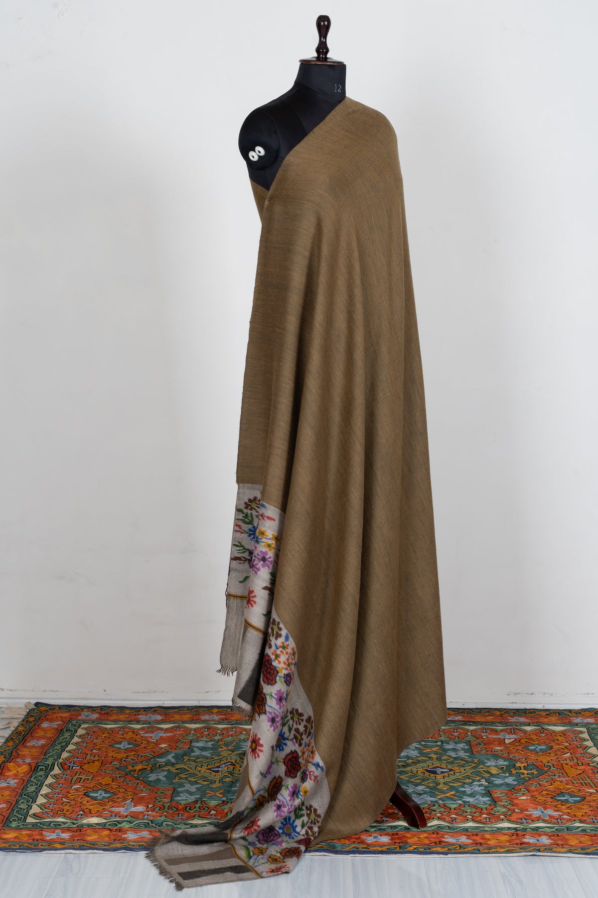 3 yards Reversible Pure Pashmina Shawl with Kani Woven Floral Borders in Camel Brown and Charcoal Grey